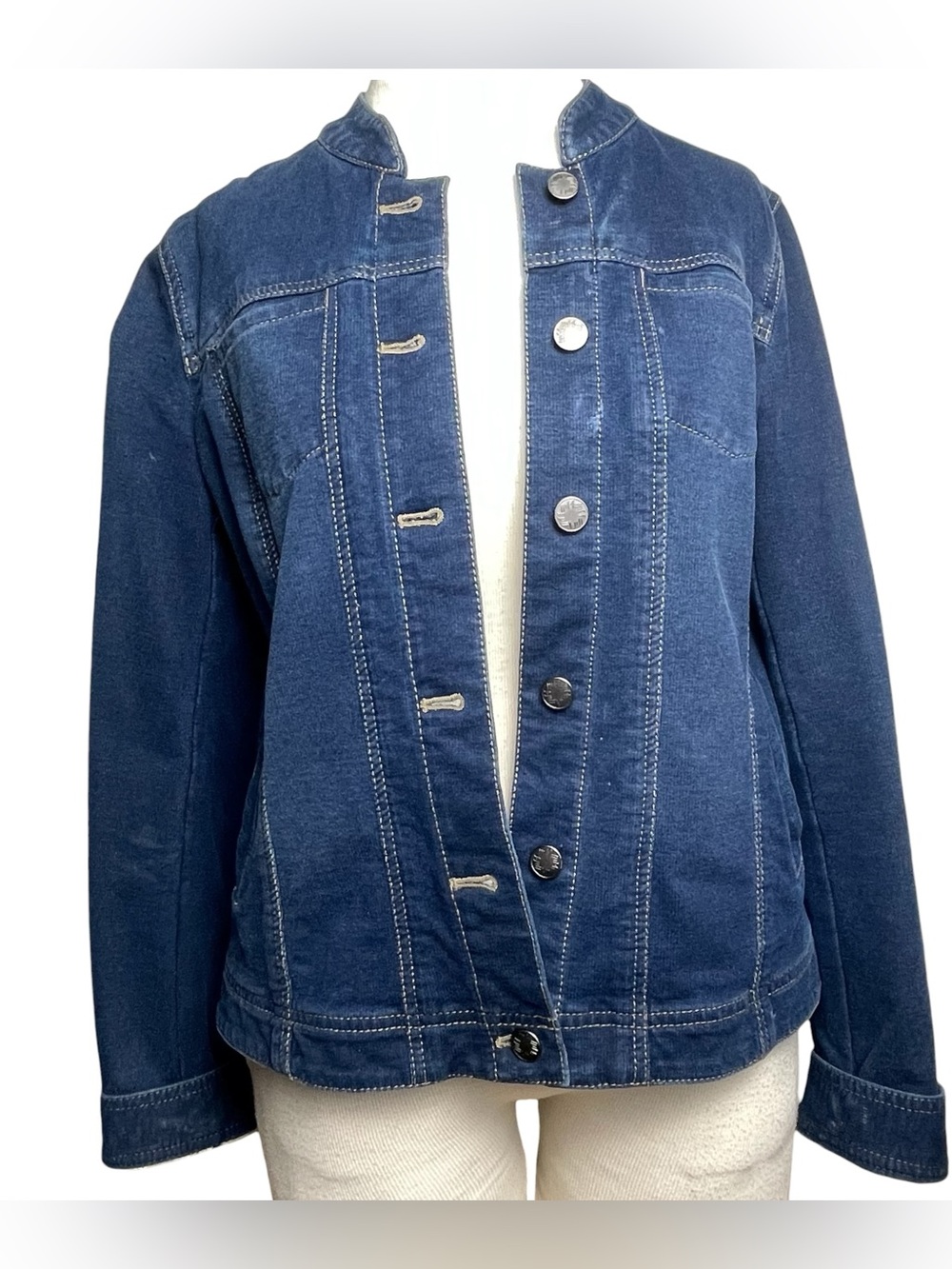 J. Jill WMNS Blue Jean Jacket Button Front Mandarin Collar Pockets Stretch Sz S
